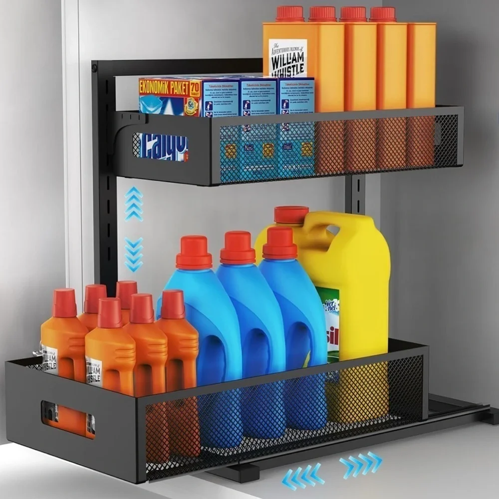 Under Sink Organizer Pull Out Cabinet Organizer Adjustable Height 2 Tier